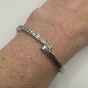 Sterling Silver 925 Bypass Bangle Bracelet White Sapphire Pave Channel Hinged